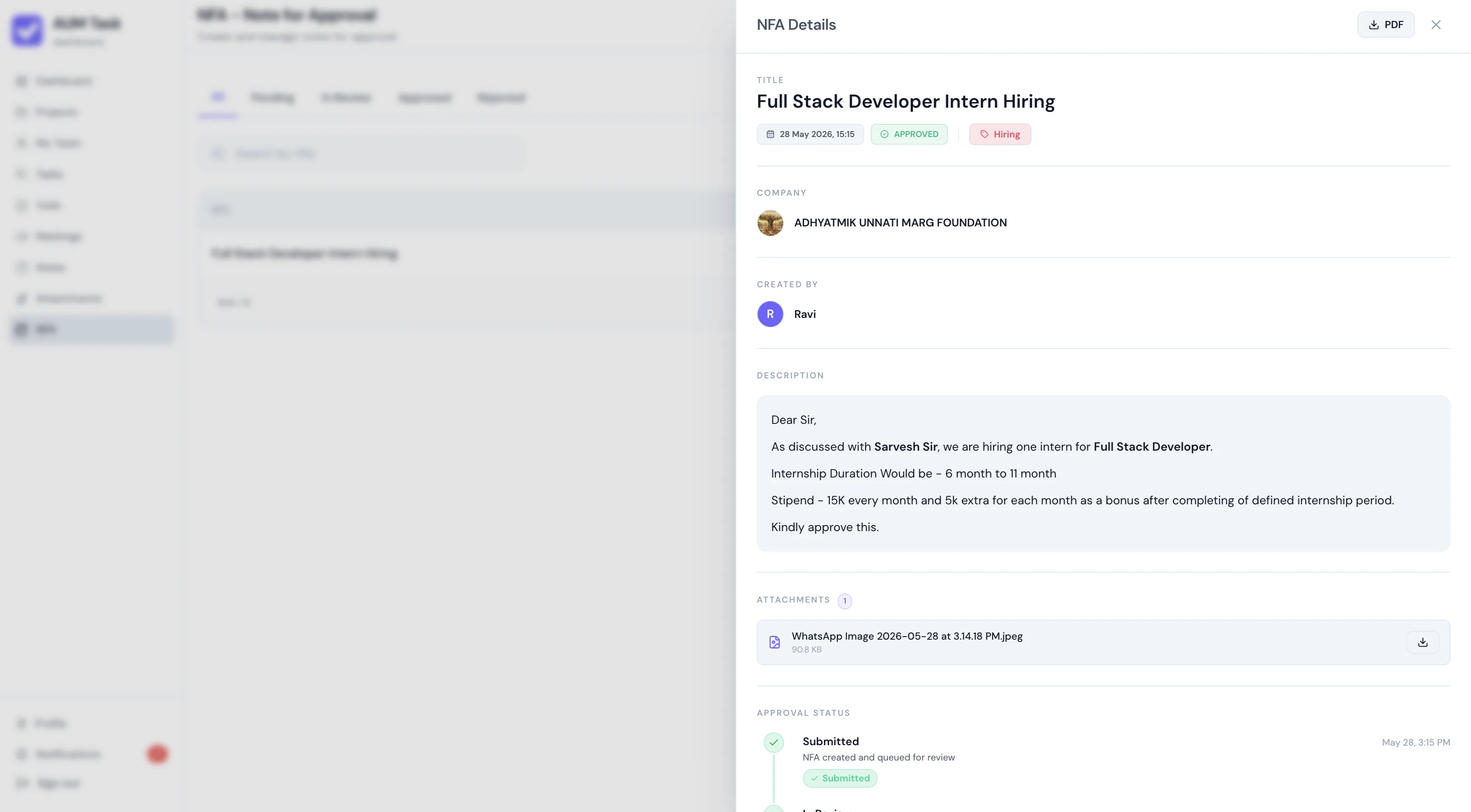 AUM Task Digital NFA Creation & Submission Modal